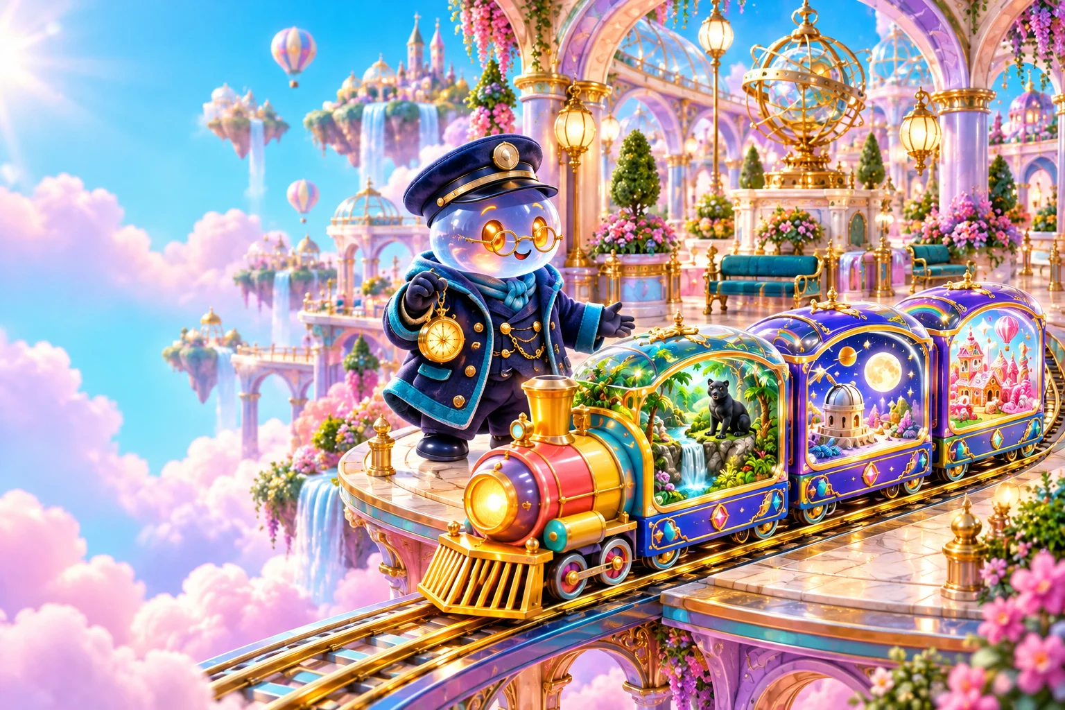 Morrow, a glass-faced ghost conductor, welcomes a miniature train carrying three fantastical worlds